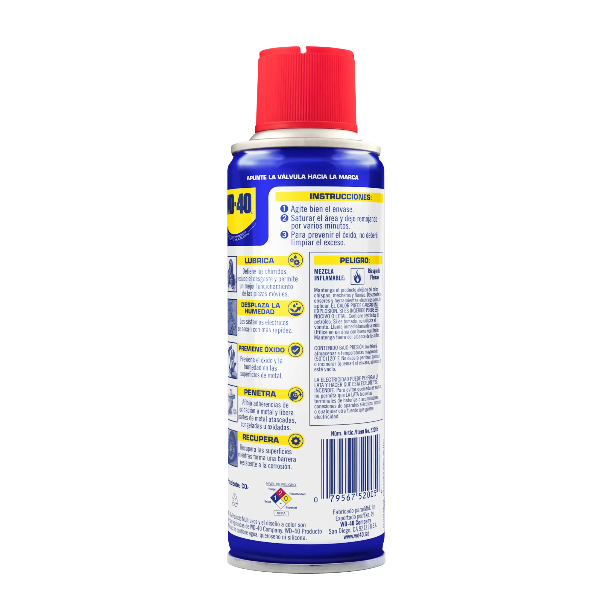 Reverso de WD-40® Producto Multiusos 5.5 oz con instrucciones de uso y advertencias de seguridad.