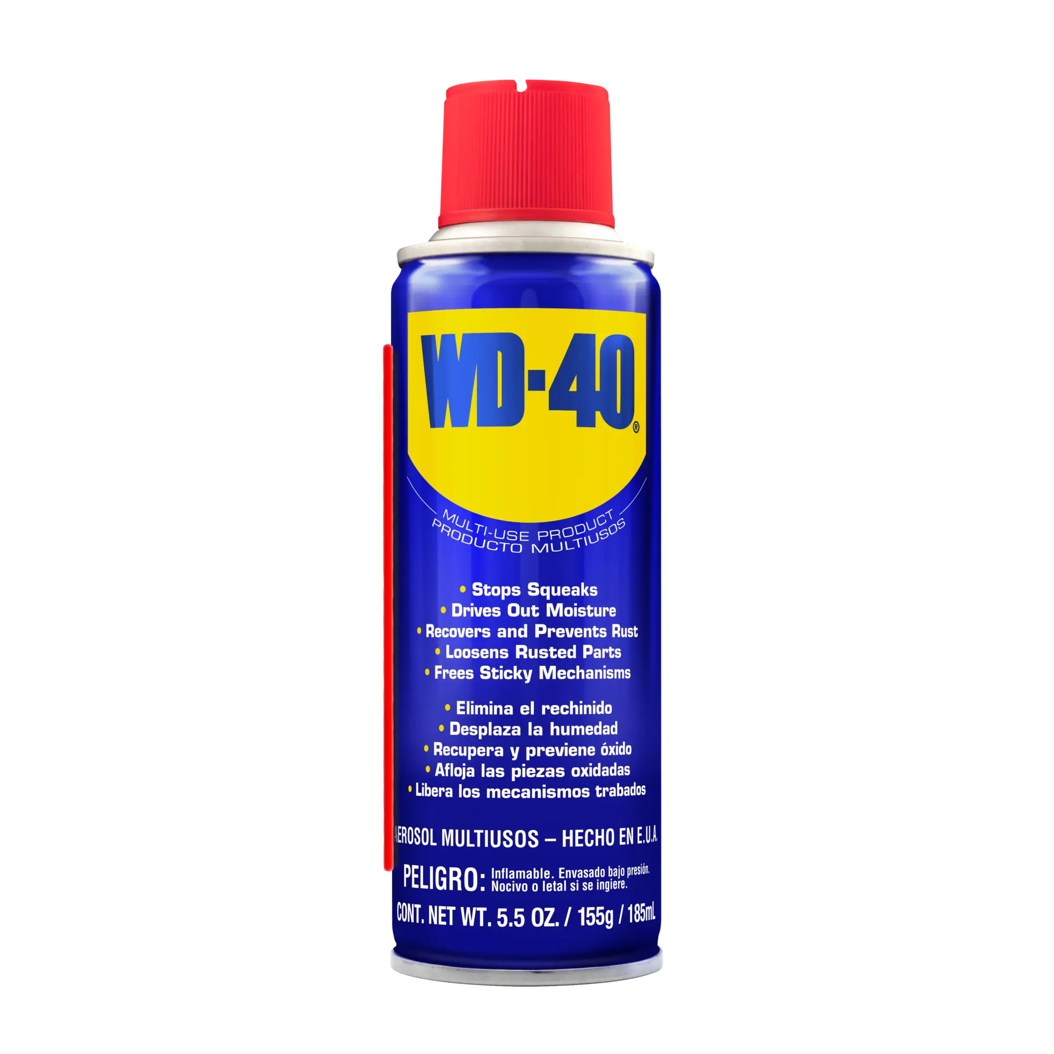 WD-40® Producto Multiusos 5.5 oz, lata azul con tapa roja y pitillo aplicador extendido, vista frontal.