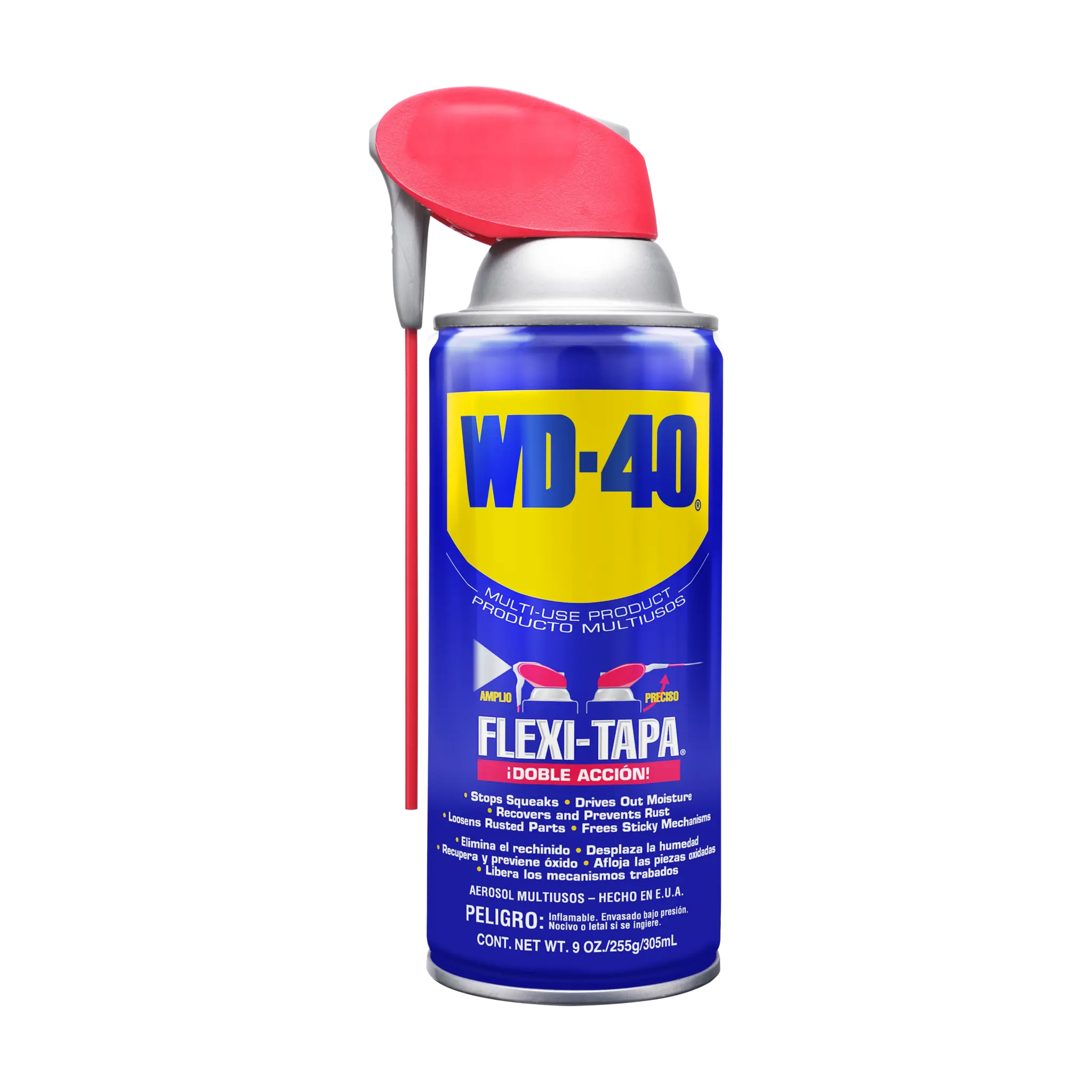 WD-40® FlexiTapa® 6 oz, lata azul con tapa flexible roja extendida, vista frontal