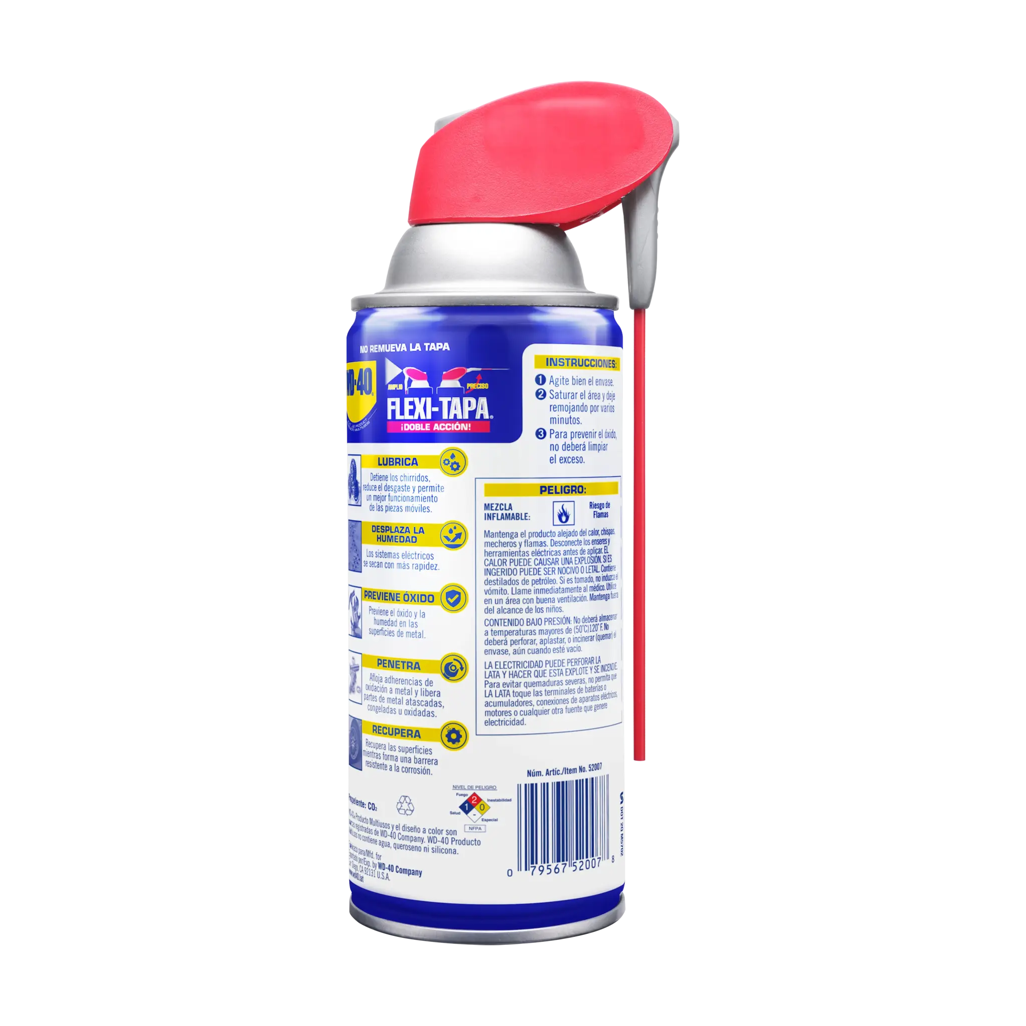 Reverso de WD-40® FlexiTapa® 6 oz con instrucciones de uso, beneficios lubricantes y advertencias de seguridad
