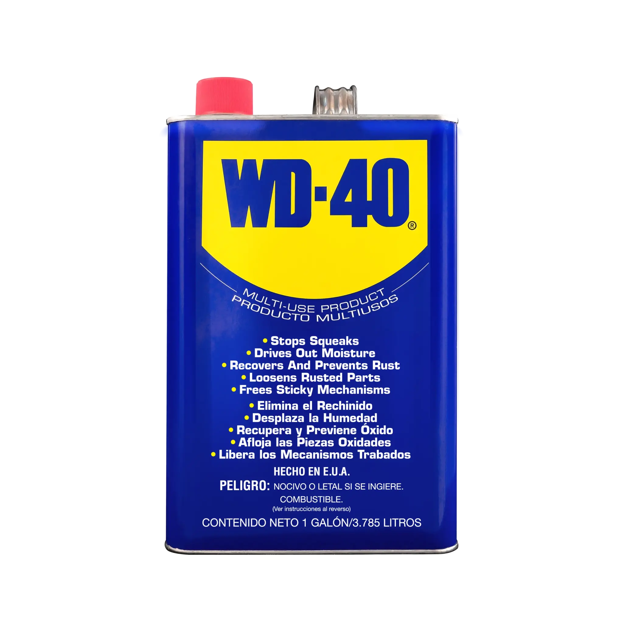 WD-40® Producto Multiusos 1 galón, lata metálica rectangular azul con tapa roja, vista frontal