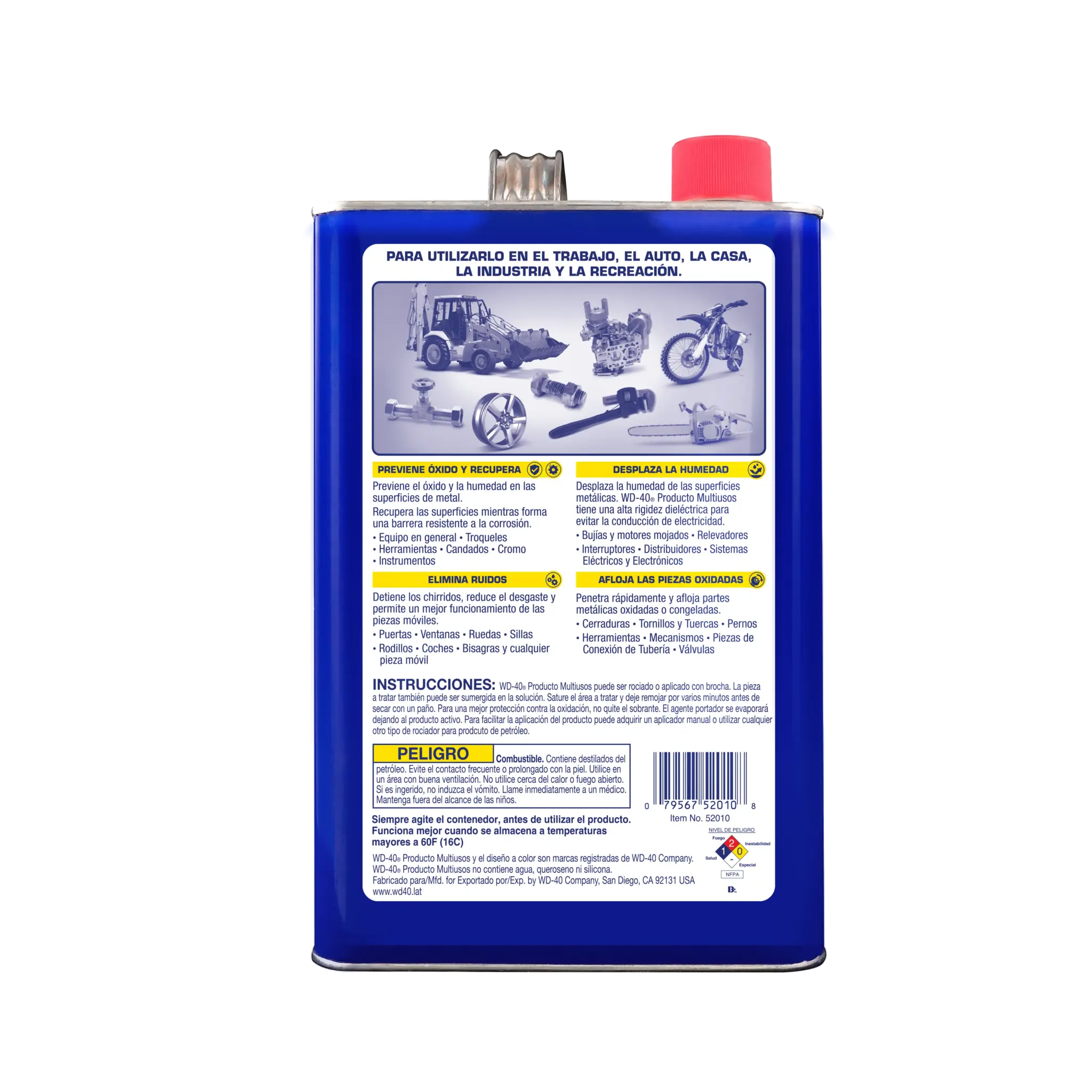 Reverso de WD-40® Producto Multiusos 1 galón con usos recomendados en el trabajo, el auto, la casa y la industria