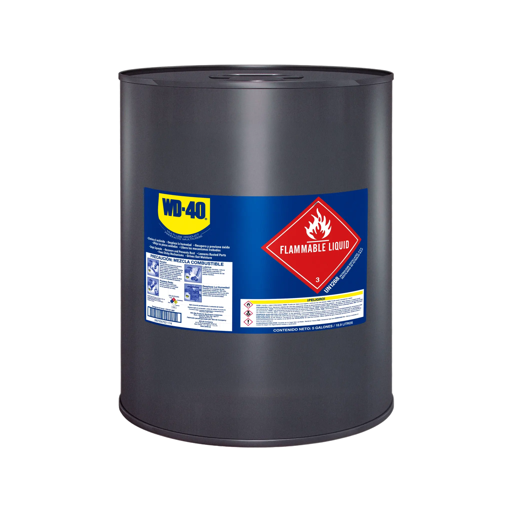 Tambor de WD-40® Producto Multiusos de 5 galones con etiqueta azul y símbolo de líquido inflamable