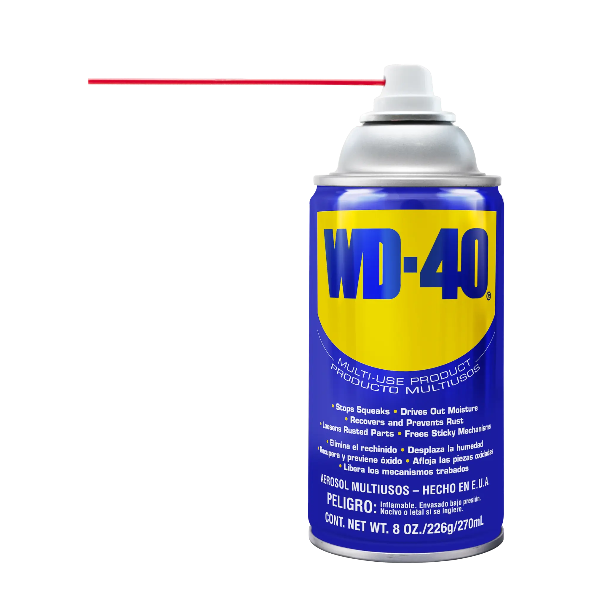 WD-40® Producto Multiusos 8 oz con pitillo aplicador acoplado al costado de la lata para guardarlo de forma segura.
