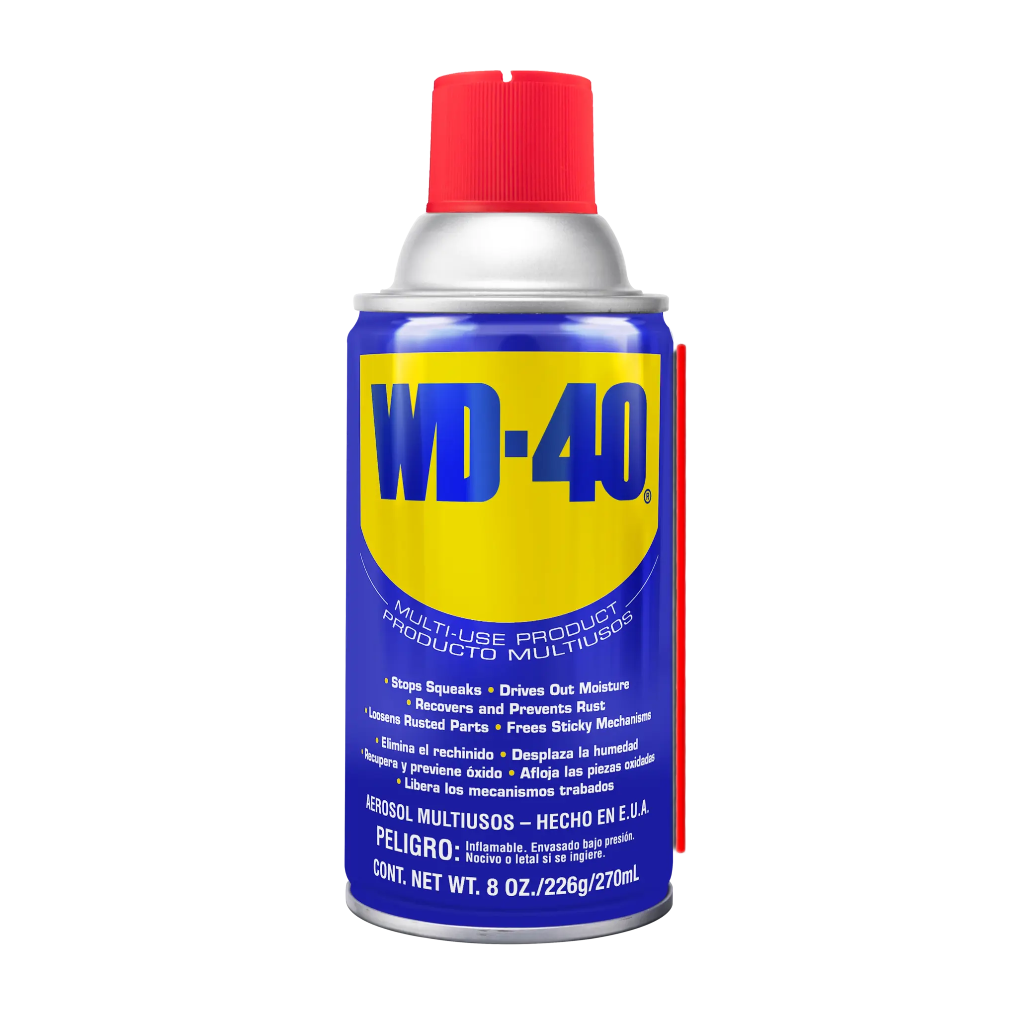 WD-40® Producto Multiusos 8 oz, lata azul con tapa roja y pitillo aplicador extendido, vista frontal.
