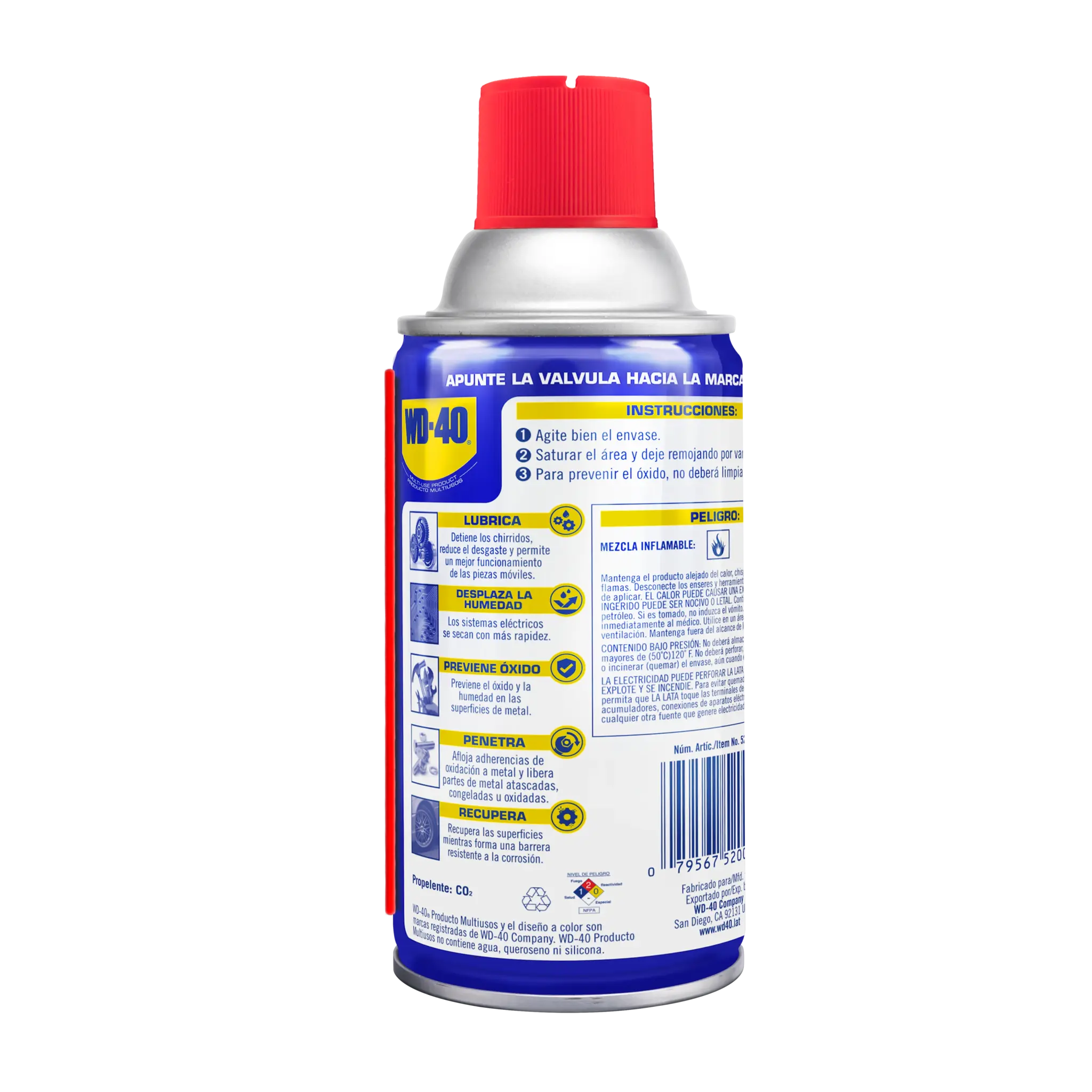 Reverso de WD-40® Producto Multiusos 8 oz con instrucciones de uso, beneficios lubricantes y advertencias de seguridad.