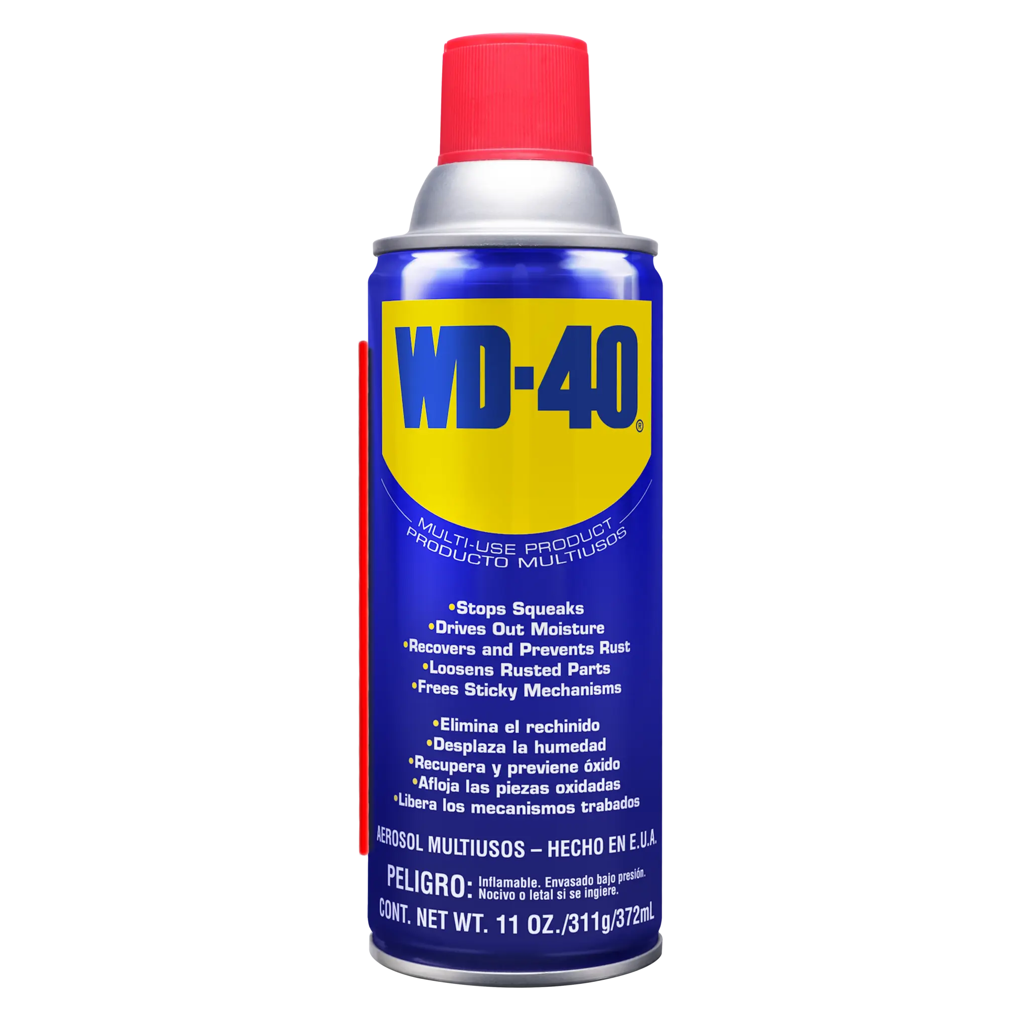 WD-40® Producto Multiusos 11 oz, lata azul con tapa roja y pitillo aplicador extendido, vista frontal.