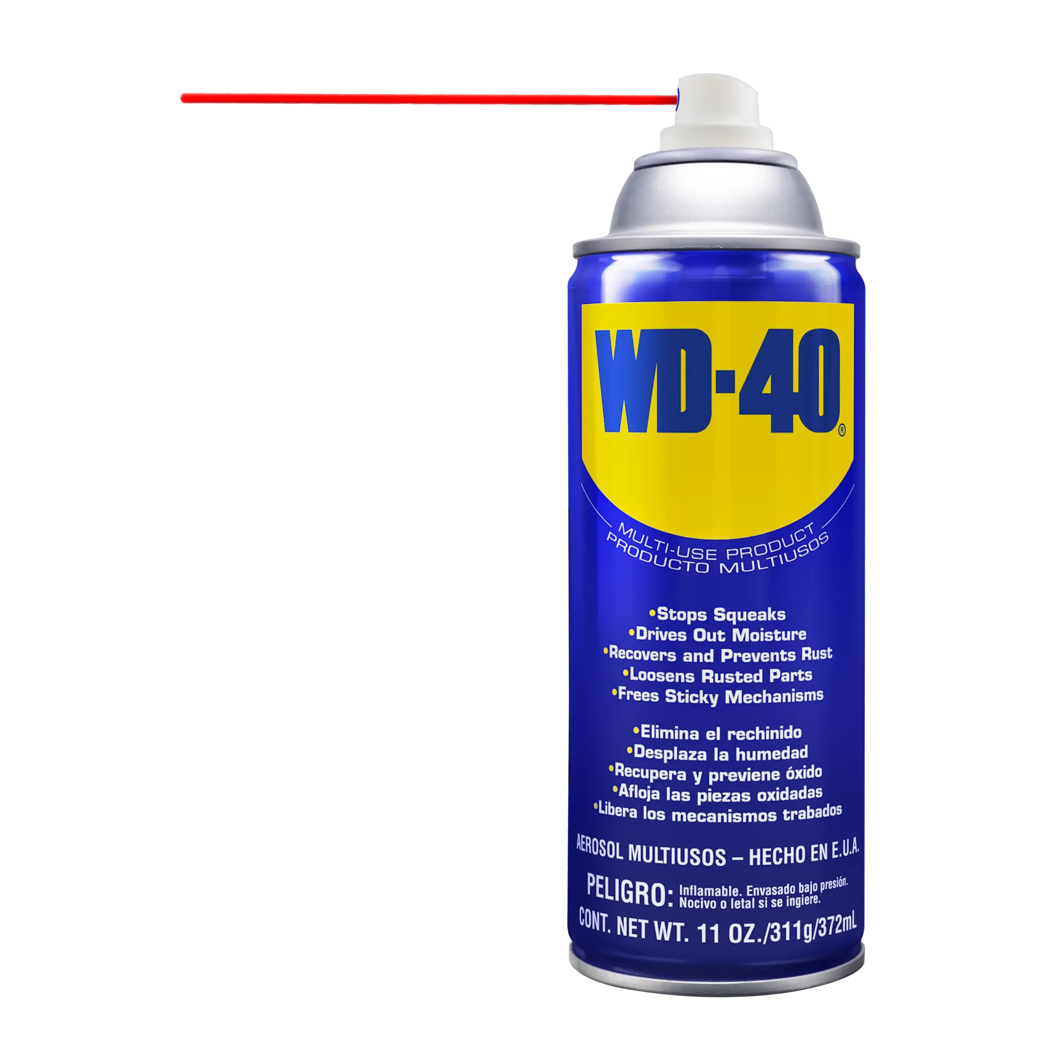 WD-40® Producto Multiusos 11 oz con pitillo aplicador acoplado al costado de la lata para un almacenamiento seguro.