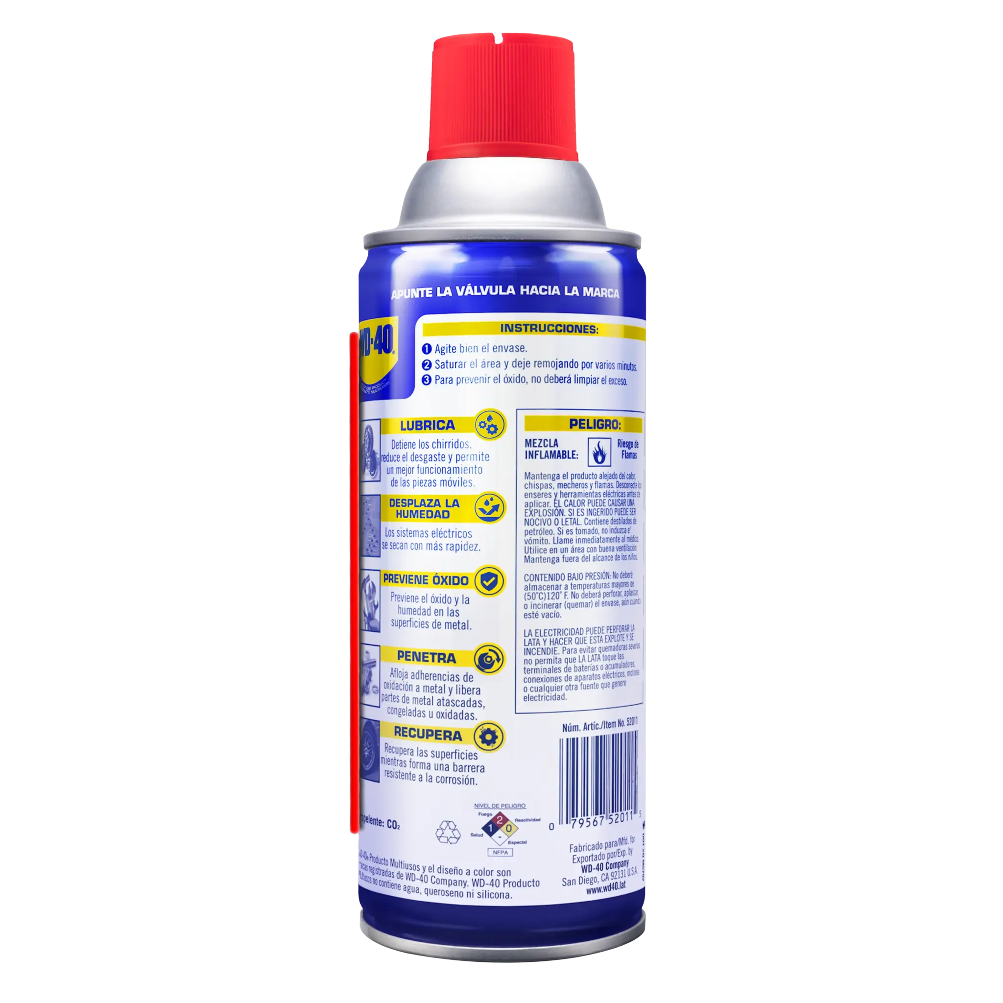 Reverso de WD-40® Producto Multiusos 11 oz con instrucciones de uso y advertencias de seguridad.