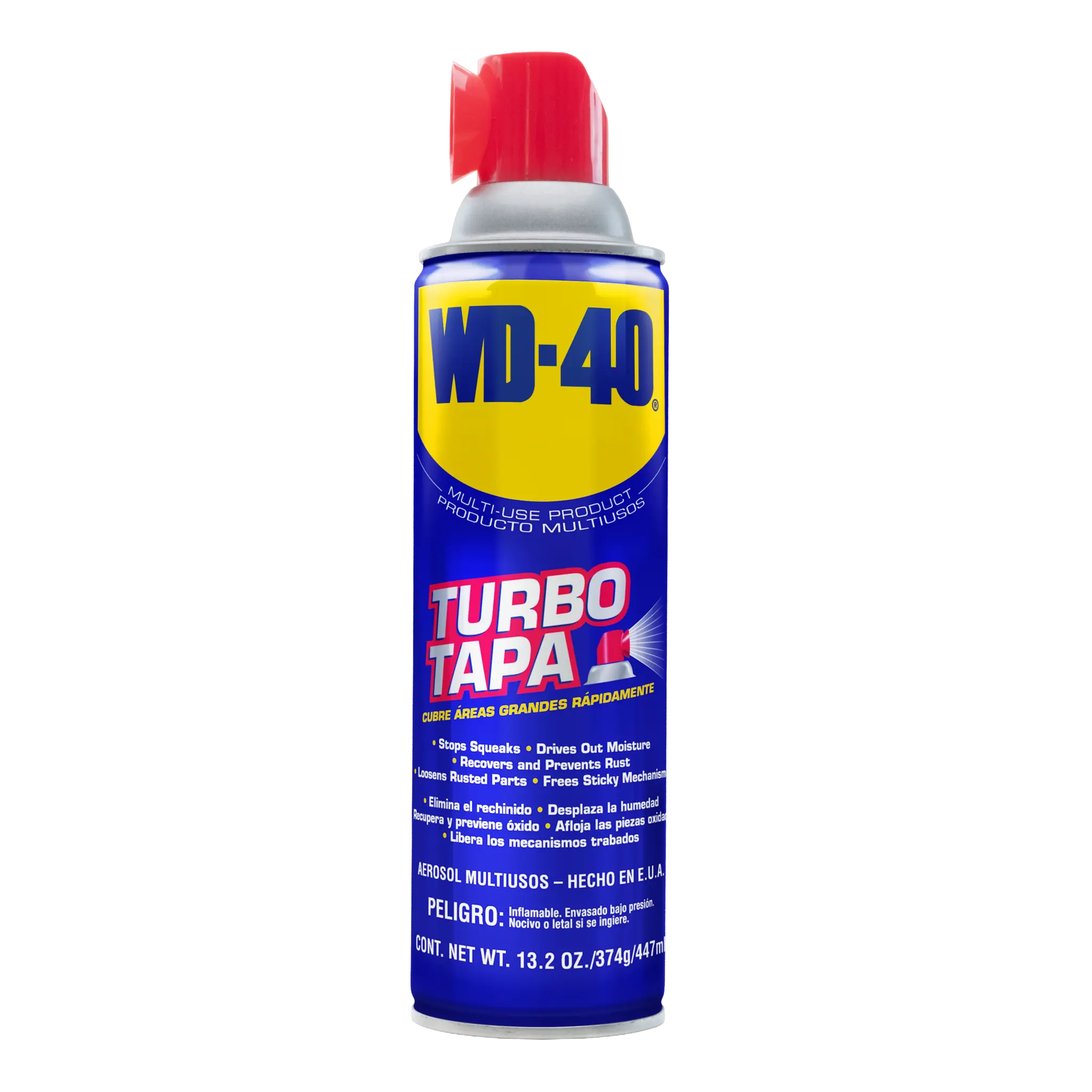 WD-40® Multiusos Turbo Tapa 13.2 oz, lata azul con boquilla roja ancha para rociar grandes superficies, vista frontal.