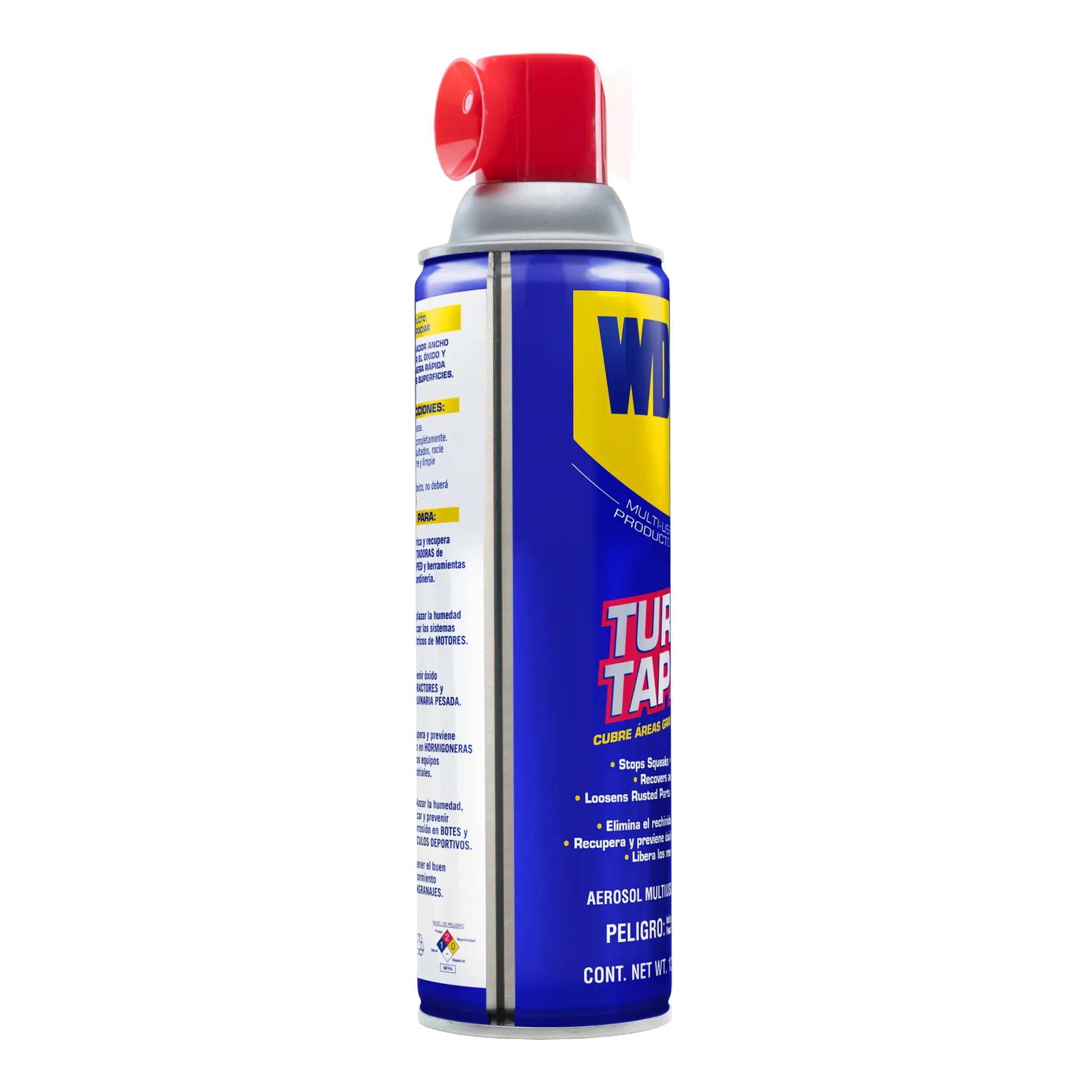 WD-40® Multiusos Turbo Tapa 13.2 oz, vista lateral con panel de usos recomendados para jardinería, motores y maquinaria pesada.