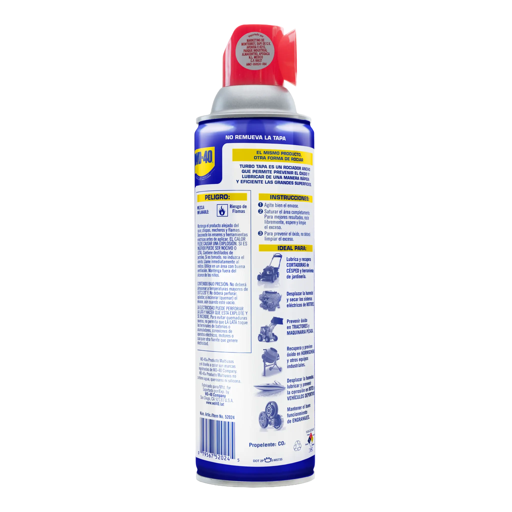 Reverso de WD-40® Multiusos Turbo Tapa 13.2 oz con instrucciones de uso, aplicaciones ideales y advertencias de seguridad.