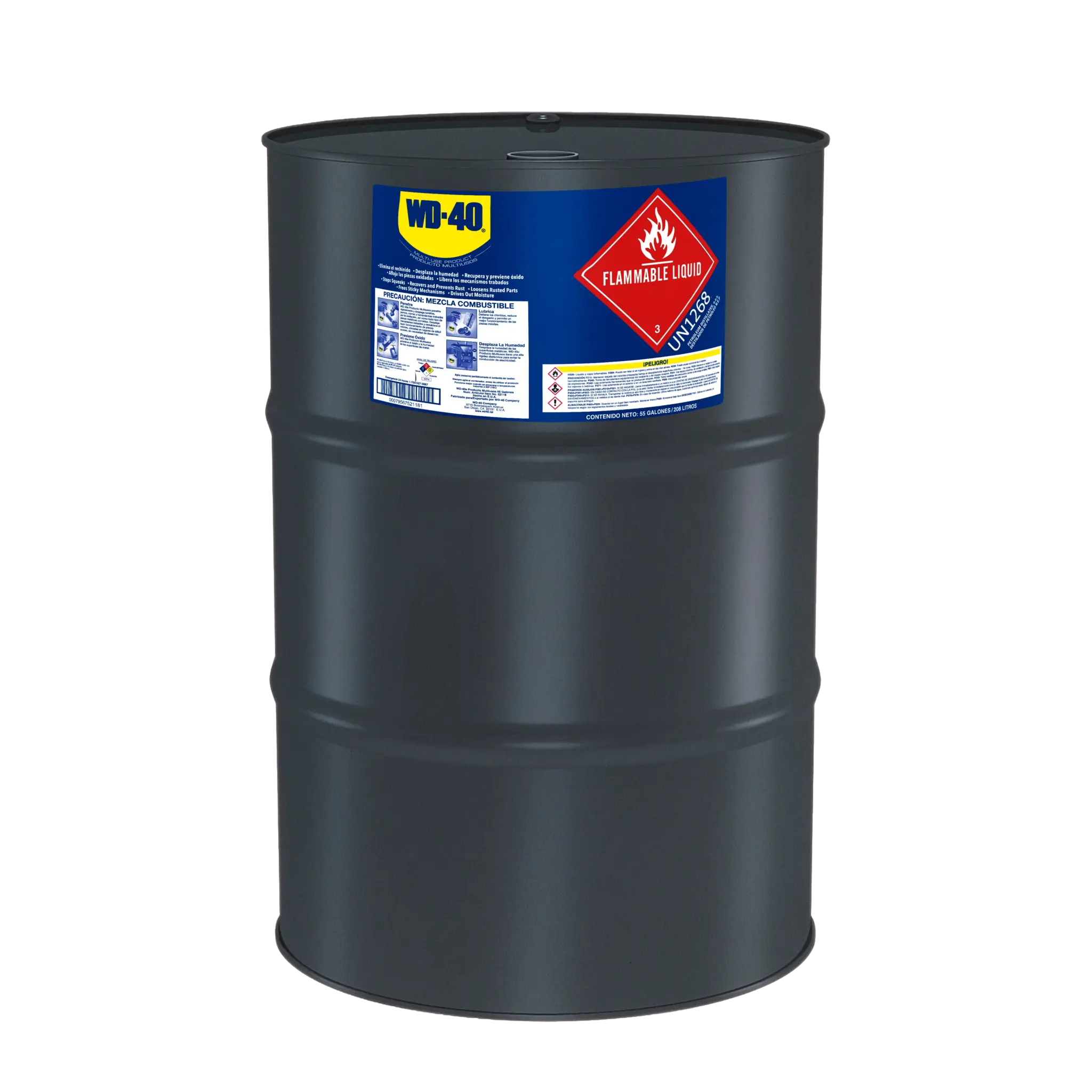 Tambor de WD-40® Producto Multiusos de 55 galones (208 litros), color negro con etiqueta azul, símbolo de líquido inflamable y ficha de seguridad.