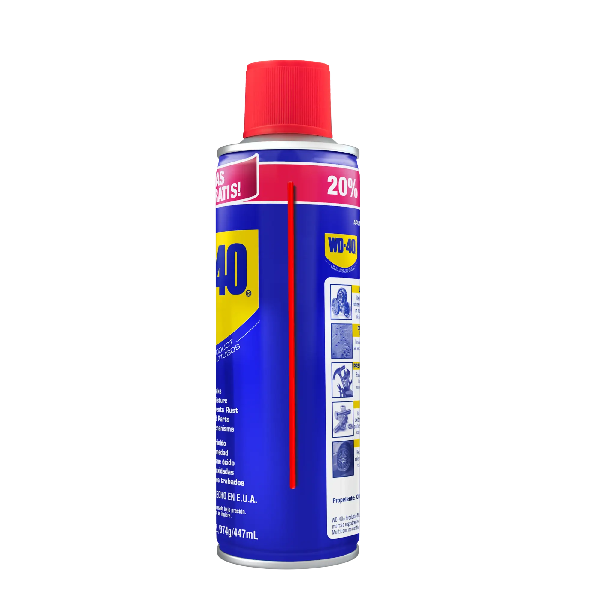WD-40® Producto Multiusos 13.2 oz Bonus Size, vista lateral con panel de instrucciones de uso e información del producto.