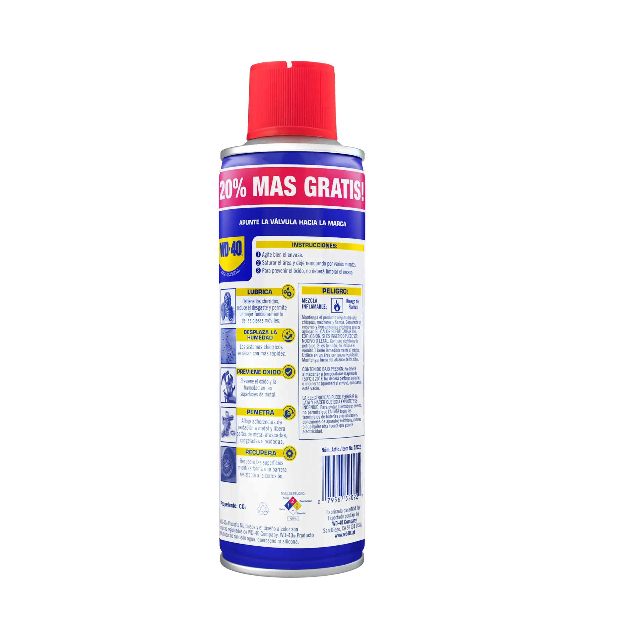 Reverso de WD-40® Producto Multiusos 13.2 oz Bonus Size con instrucciones de uso, beneficios y advertencias de seguridad.
