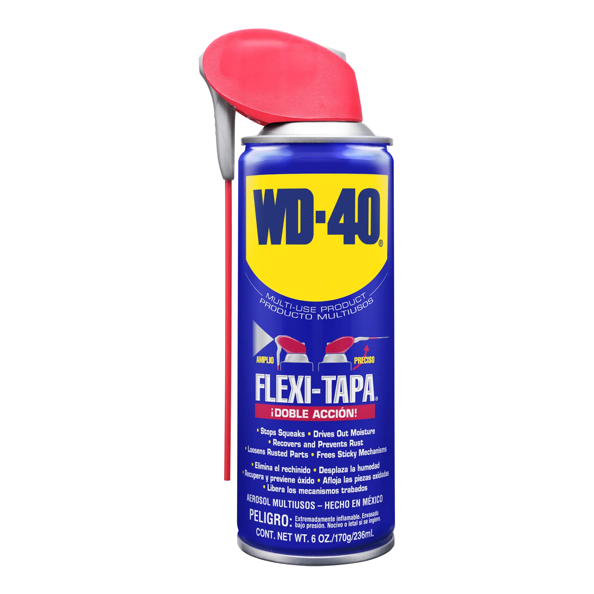 WD-40® FlexiTapa® 6 oz, lata azul con tapa flexible roja extendida, vista frontal