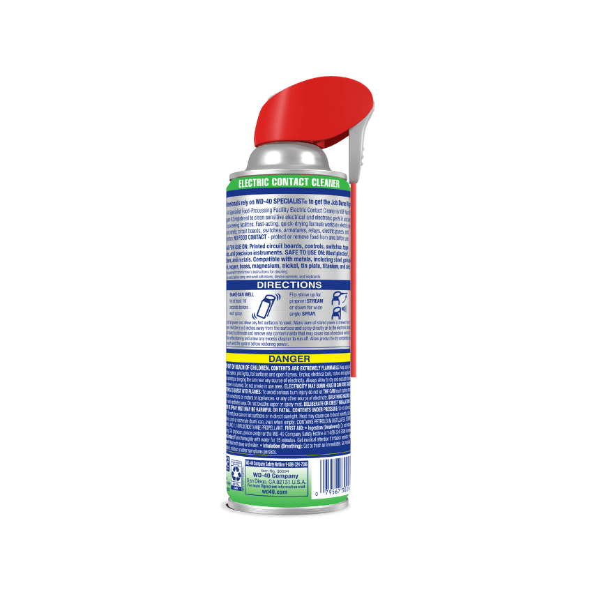 Vista posterior del WD-40 Limpiador de contactos elétricos de grado alimenticio de 12 oz.