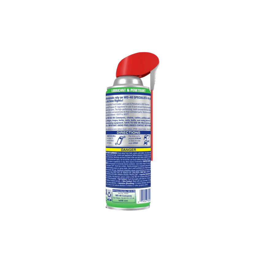 Vista posterior con etiquetas de seguridad de WD-40 Specialist Lubricante de Grado Alimenticio de 12 oz.
